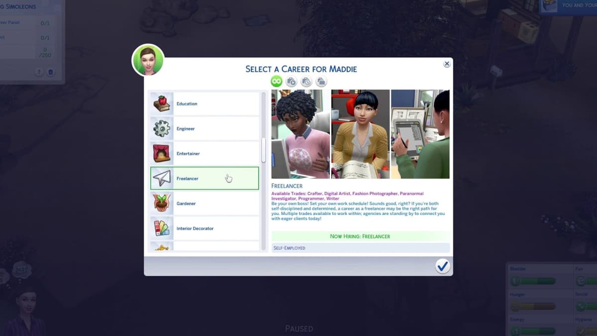 An image of the Freelancer career description in The Sims 4.