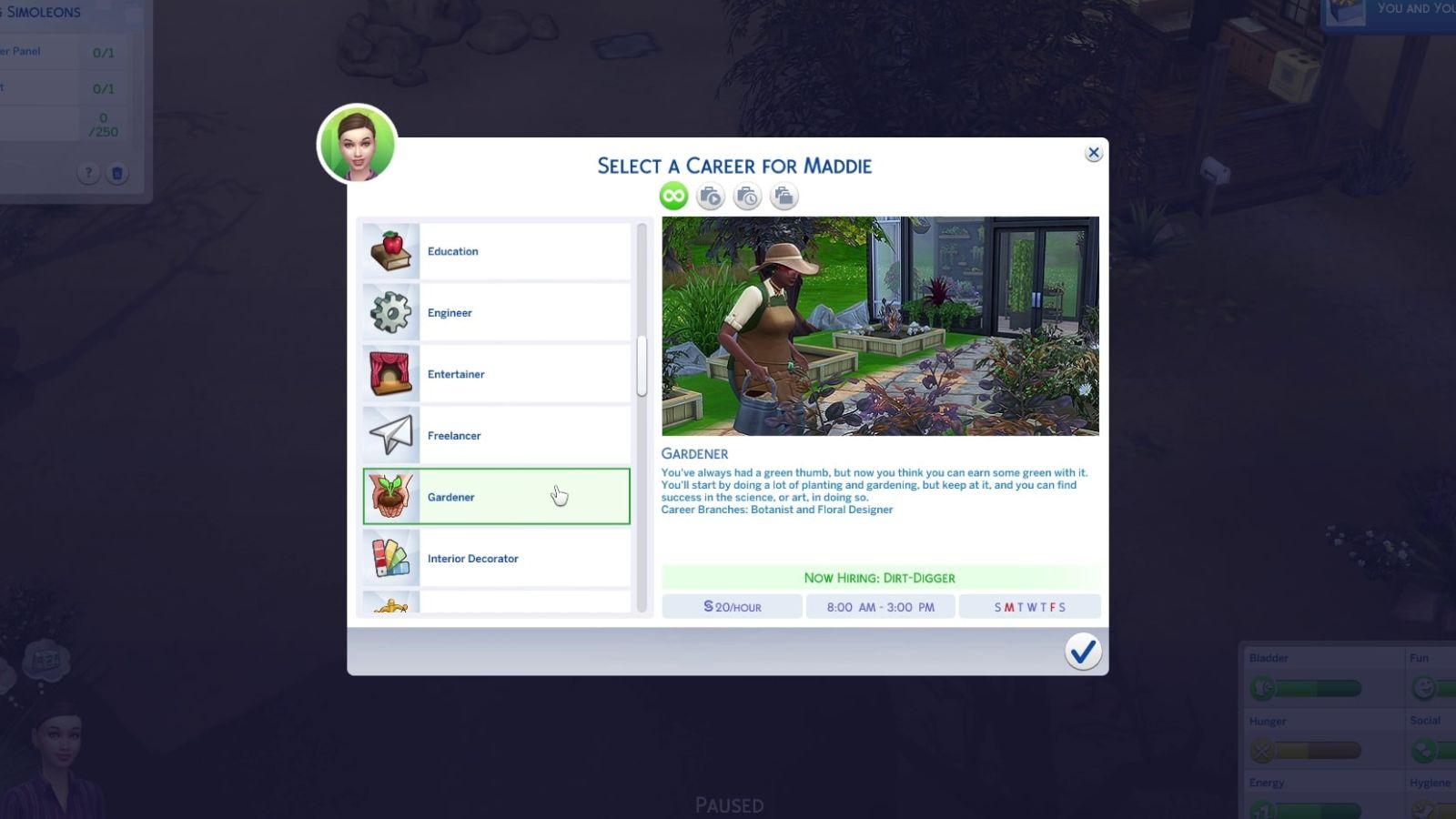 An image of the Gardener career description in The Sims 4.