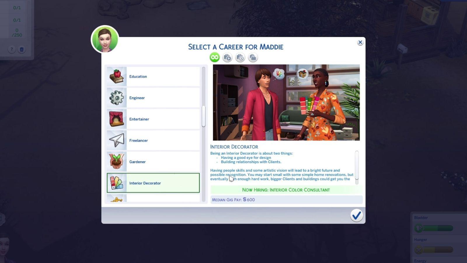 An image of the Interior Decorator career panel in The Sims 4.