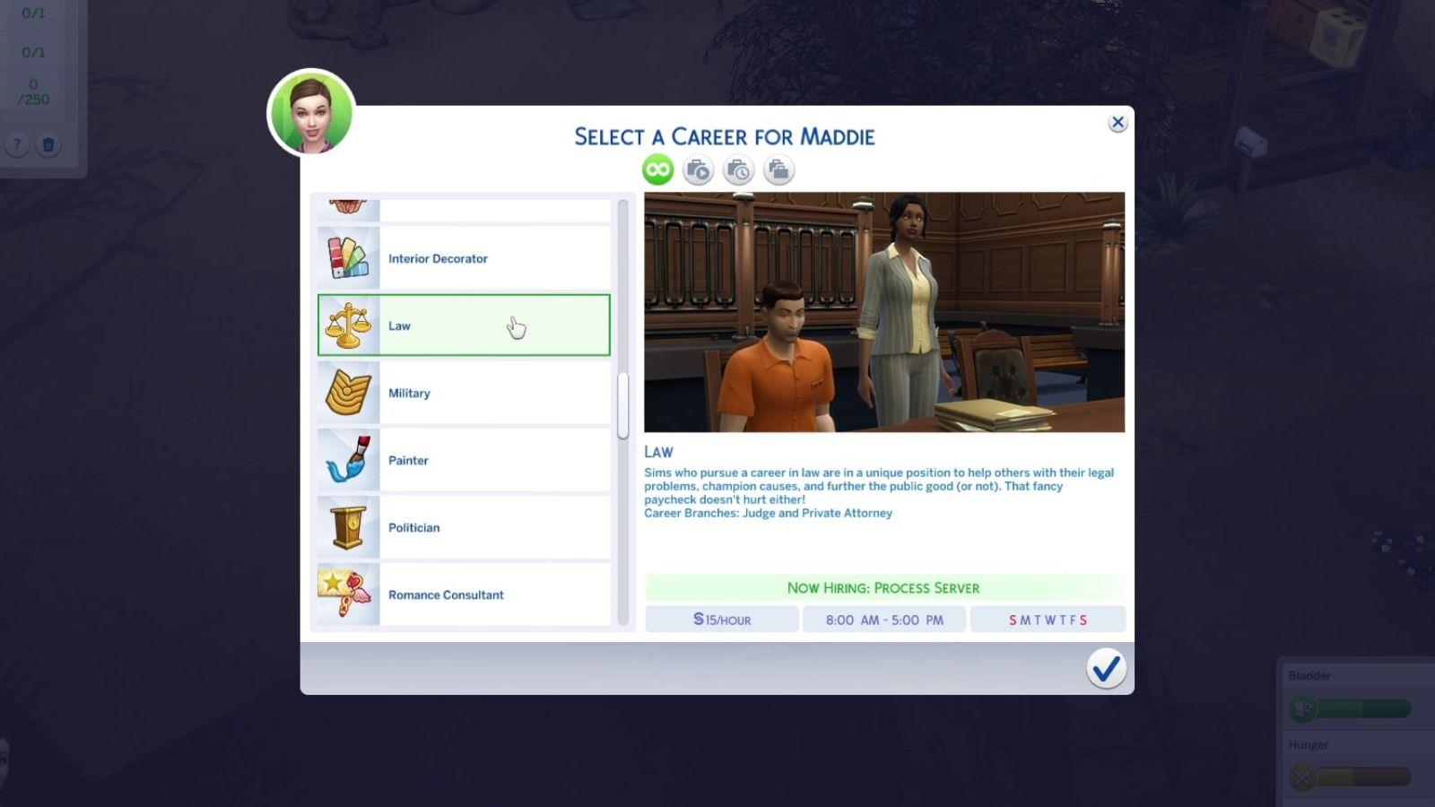 An image of the Law career description in The Sims 4.