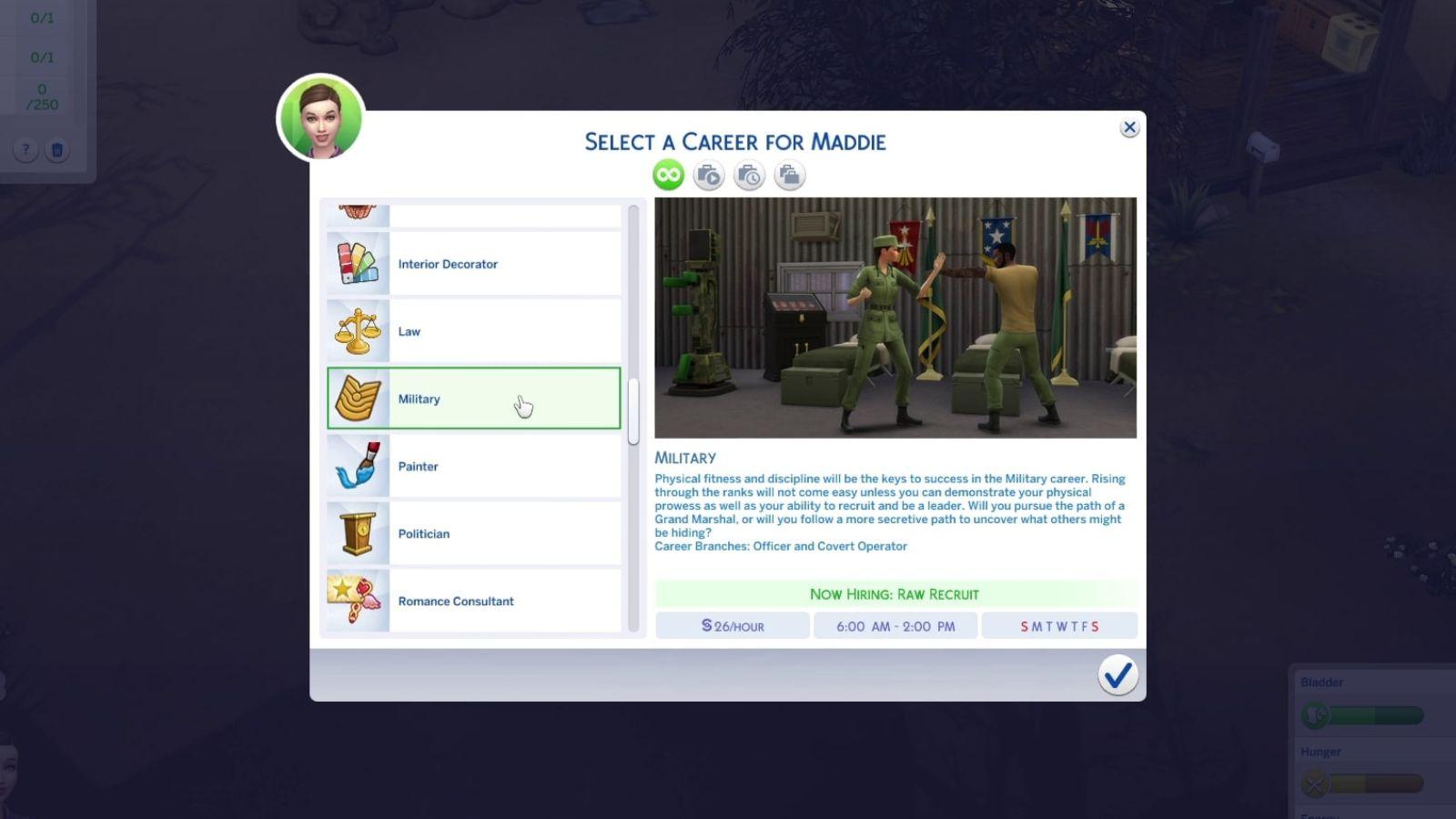 An image of the Military career description in The Sims 4.