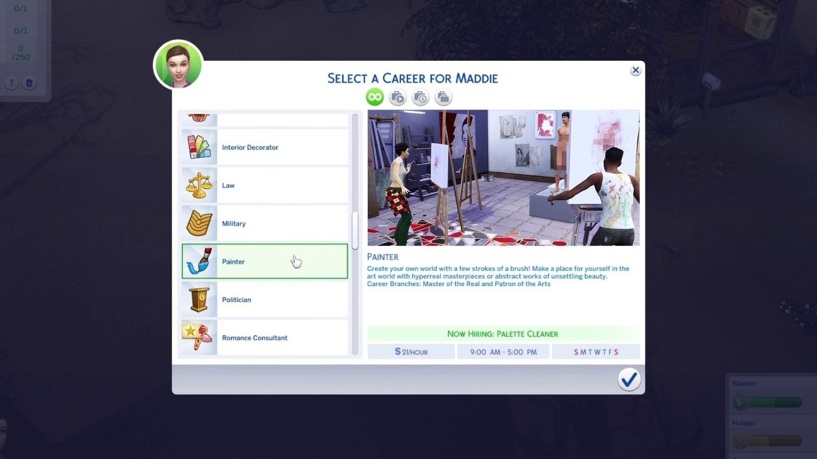 An image of the Painter career description in The Sims 4.