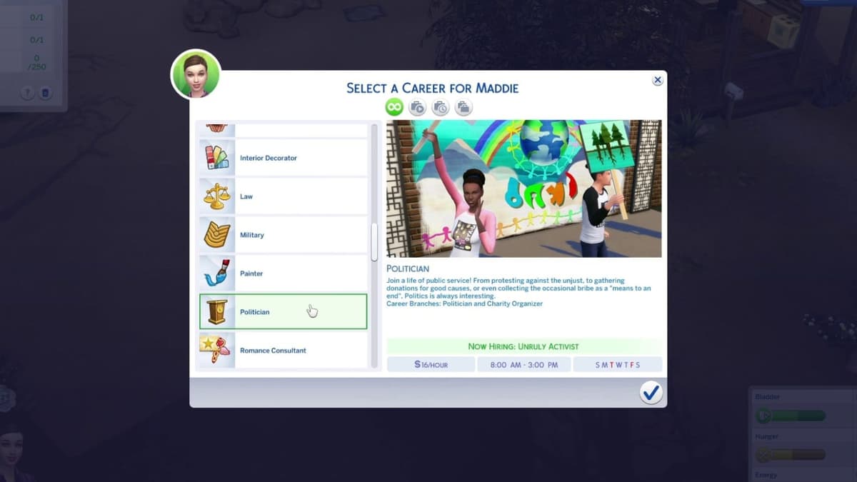 An image of the Politician career description in The Sims 4.