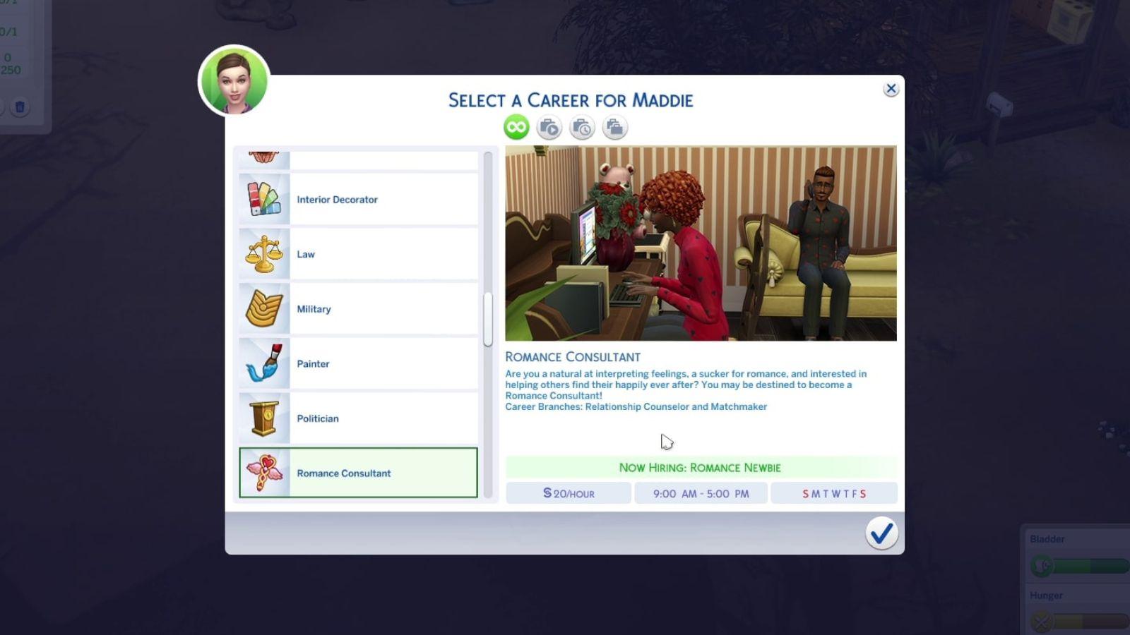 An image of the Romance Consultant career description in The Sims 4.