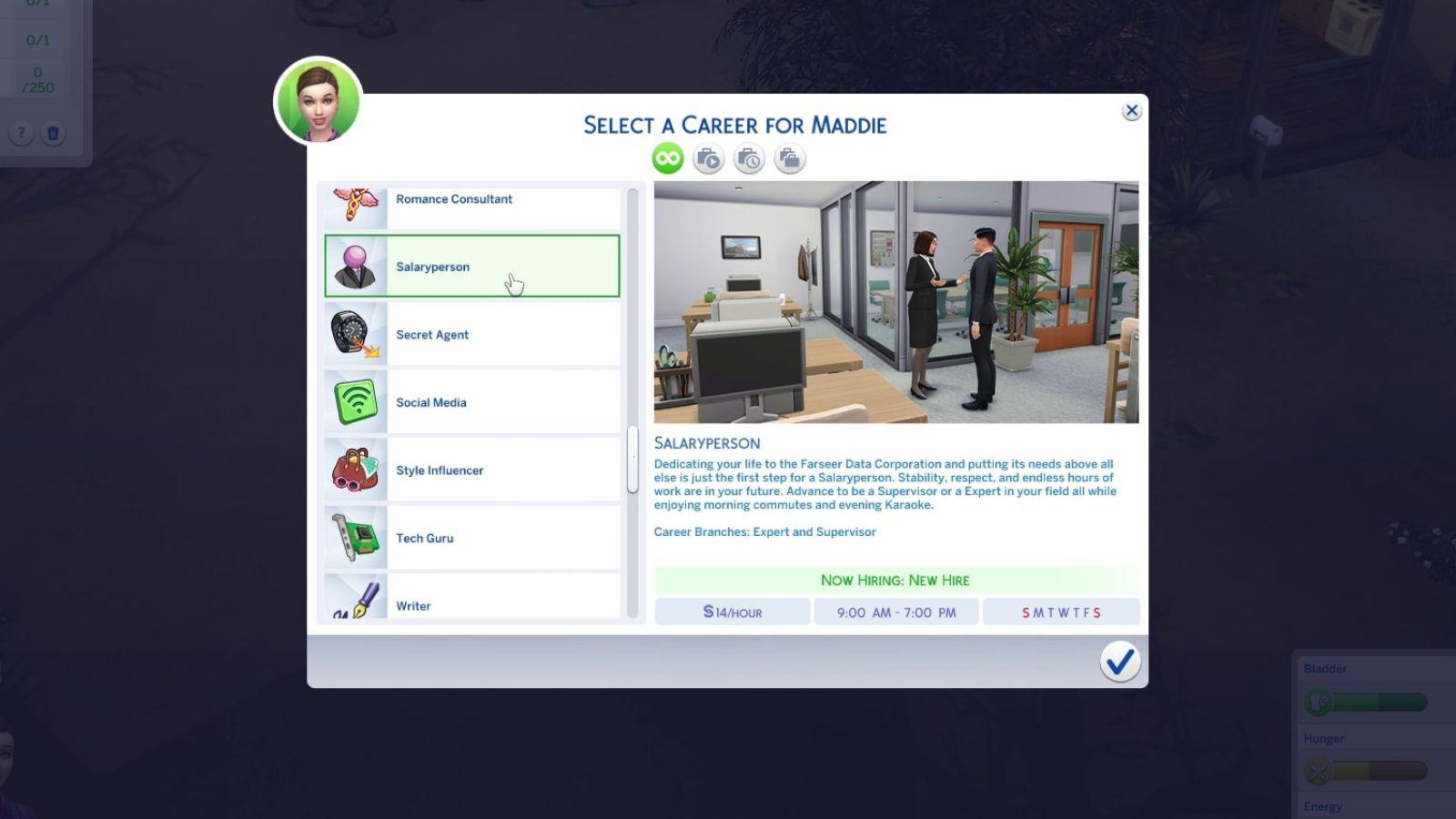 An image of the Salaryperson career description in The Sims 4.