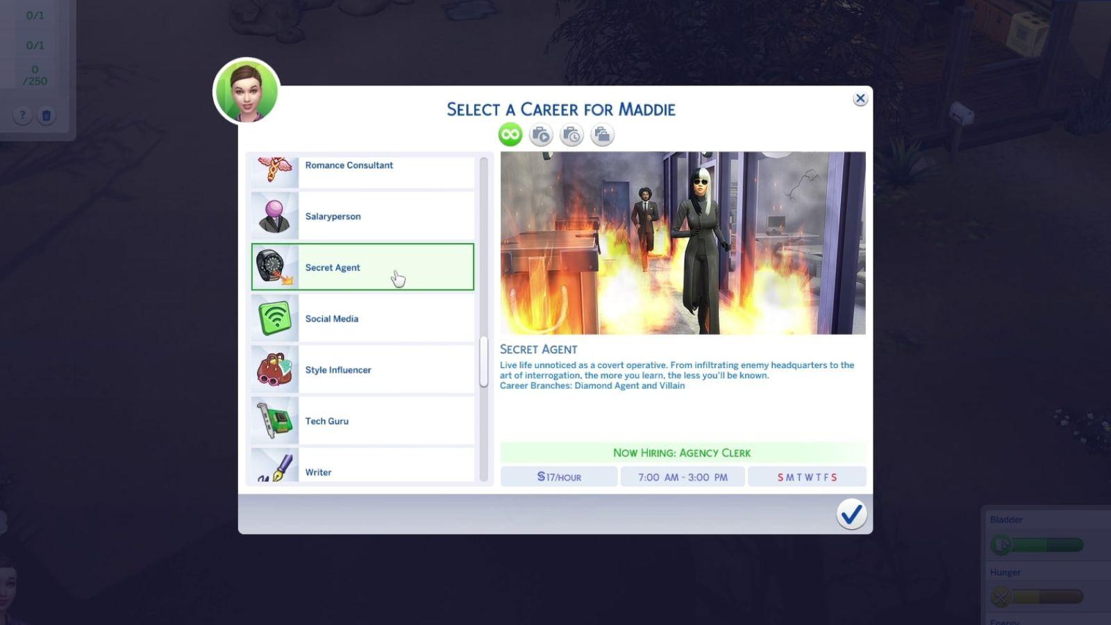 An image of the Secret Agent career description in The Sims 4.