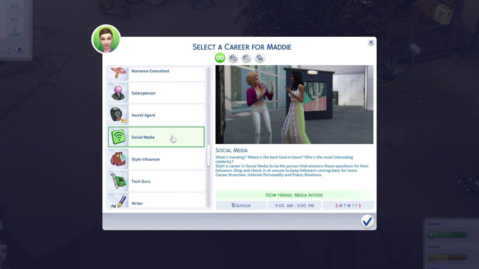 An image of the Social Media career description in The Sims 4.