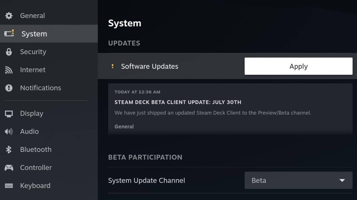 Screenshot of the Steam Deck settings.