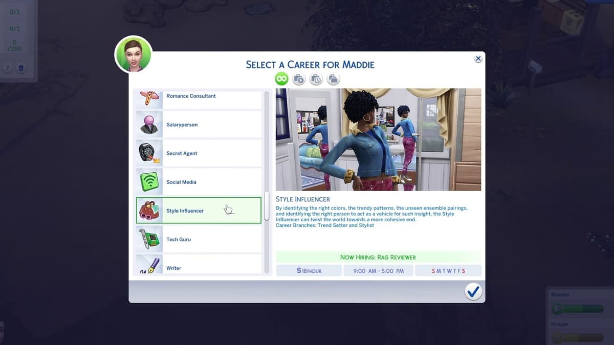 An image of the Style Influencer career description in The Sims 4.