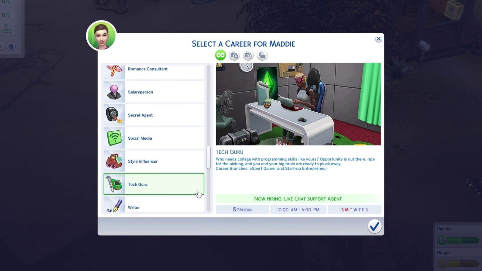 An image of the Tech Guru career description in The Sims 4.