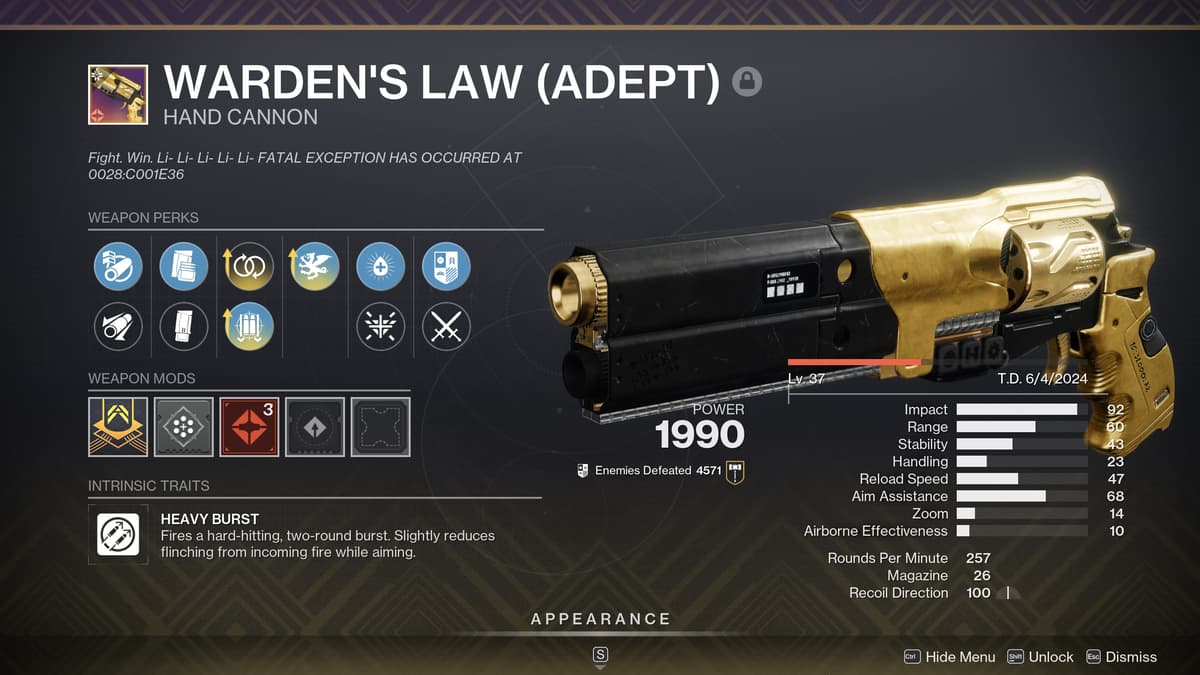 Warden's Law Hand Cannon in Destiny 2.