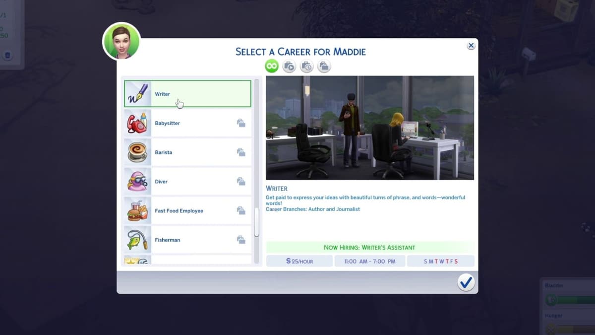 An image of the Writer career panel in The Sims 4.