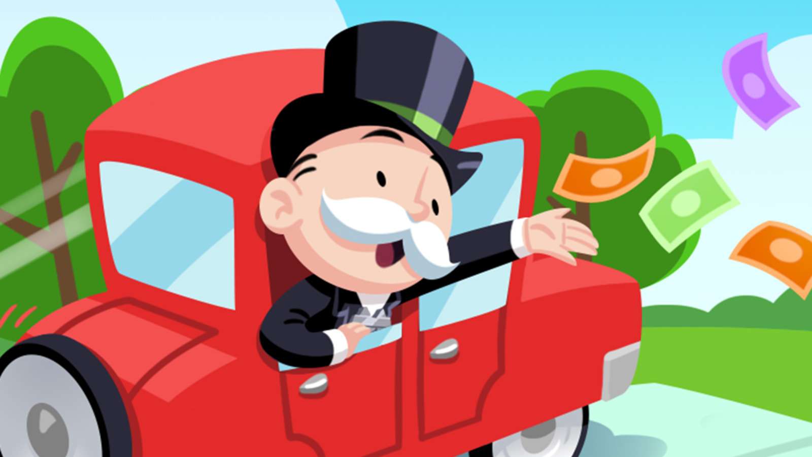 old man catching cash with head outside his car in Monopoly Go