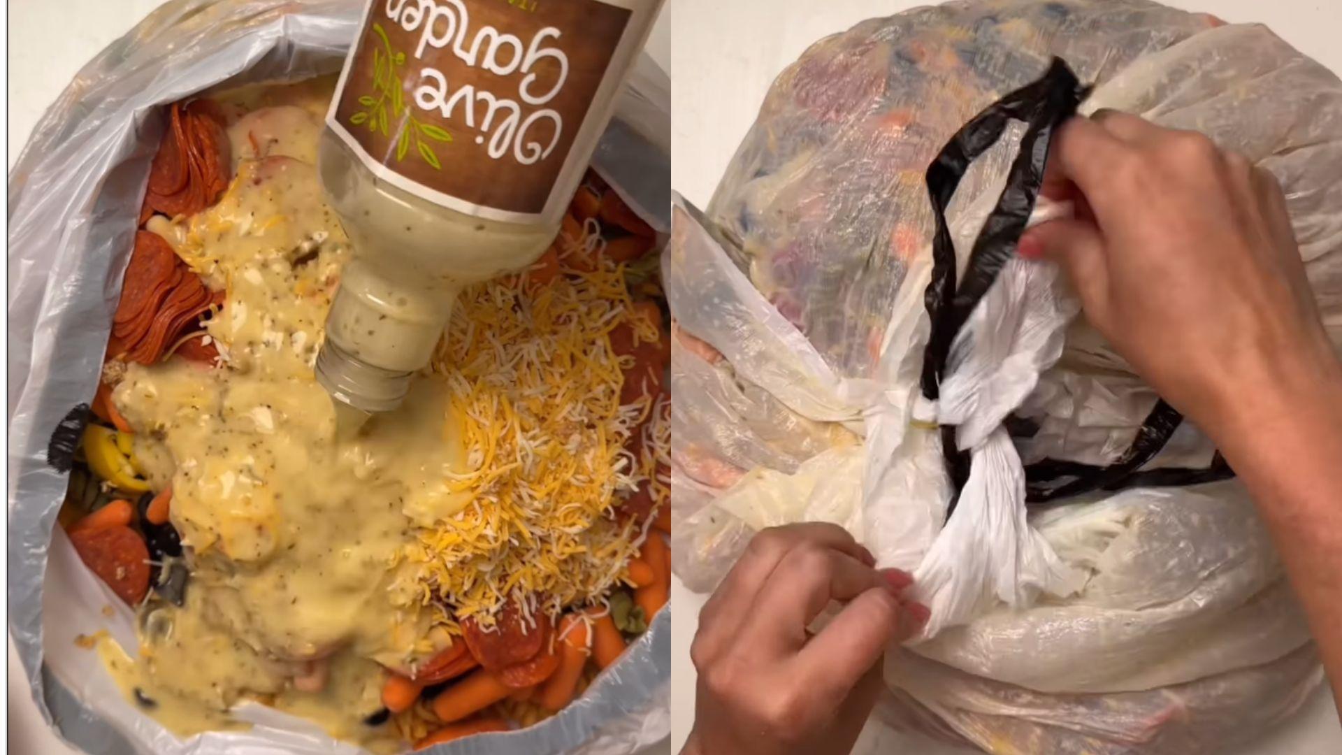 Pasta salad in a trash bag.