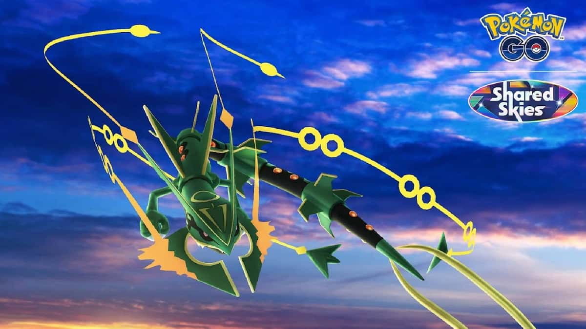 Mega Rayquaza appears alongside text reading "Pokemon Go" and "Shared Skies"