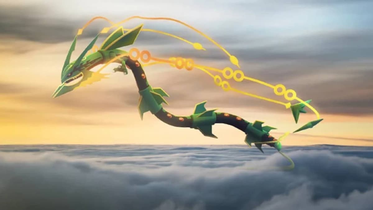 Mega Rayquaza flies through the clouds