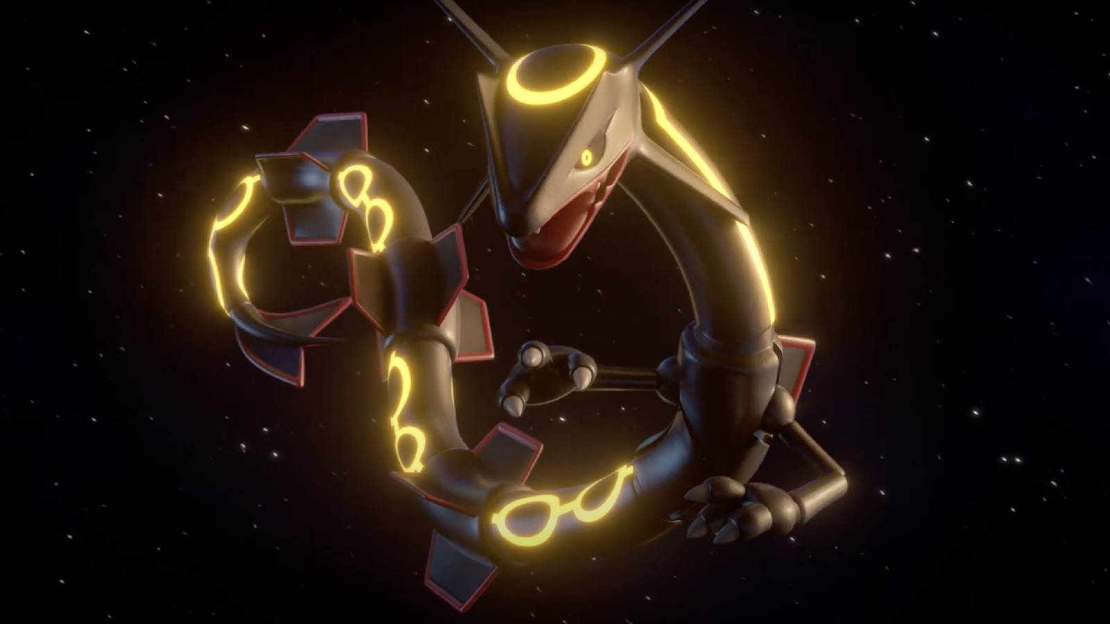 Shiny Rayquaza floats in space