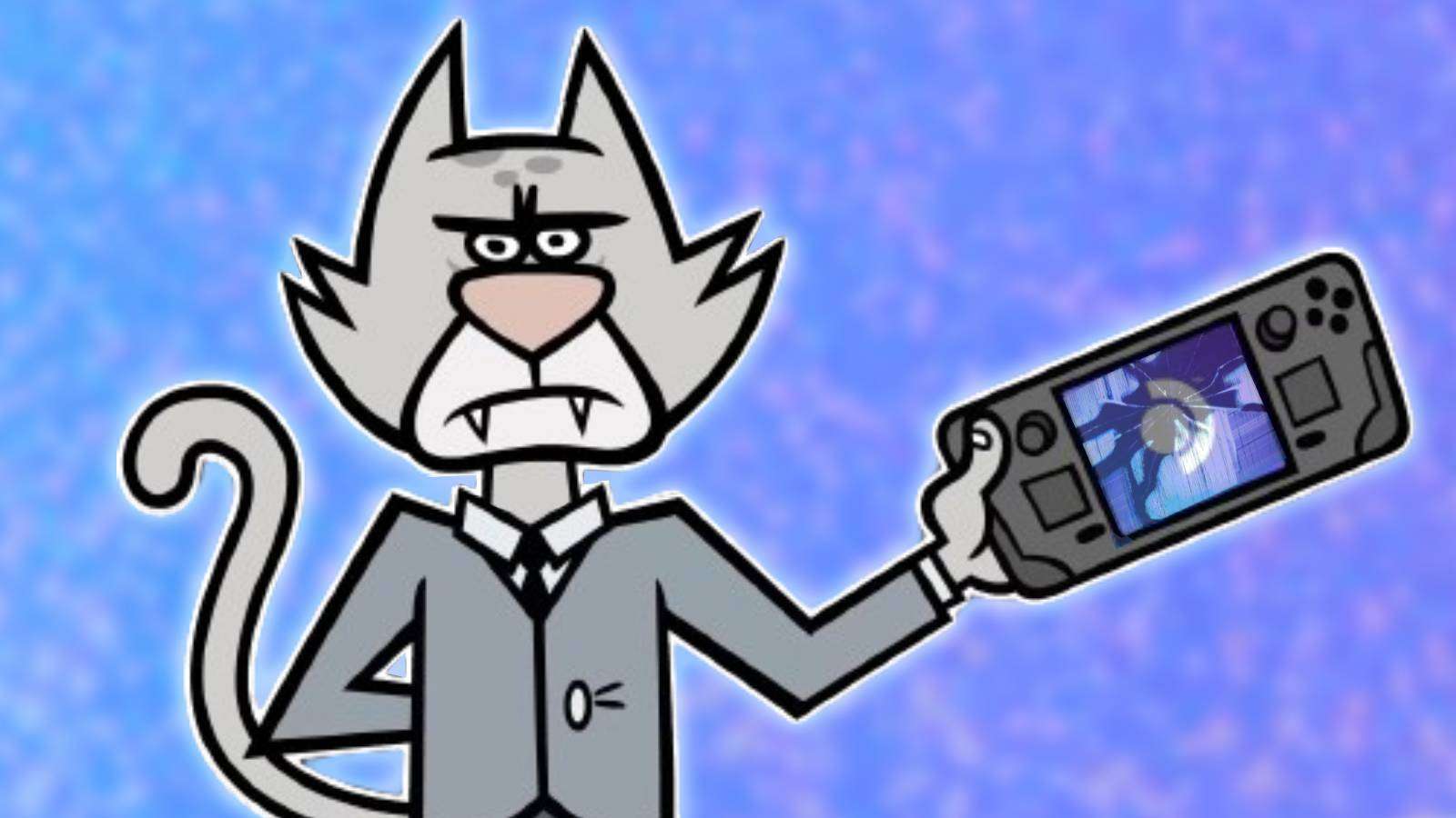 A broken screen effect by masonmouse on Deviant art, on the screen of a Steam Deck from the Jackbox Games Megapicker trailer.