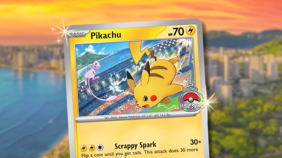 Pikachu Worlds promo Pokemon card with sunny background and sparkles.