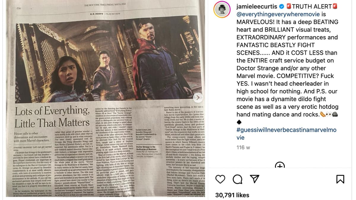 Jamie Lee Curtis slates Doctor Strange on Instagram.