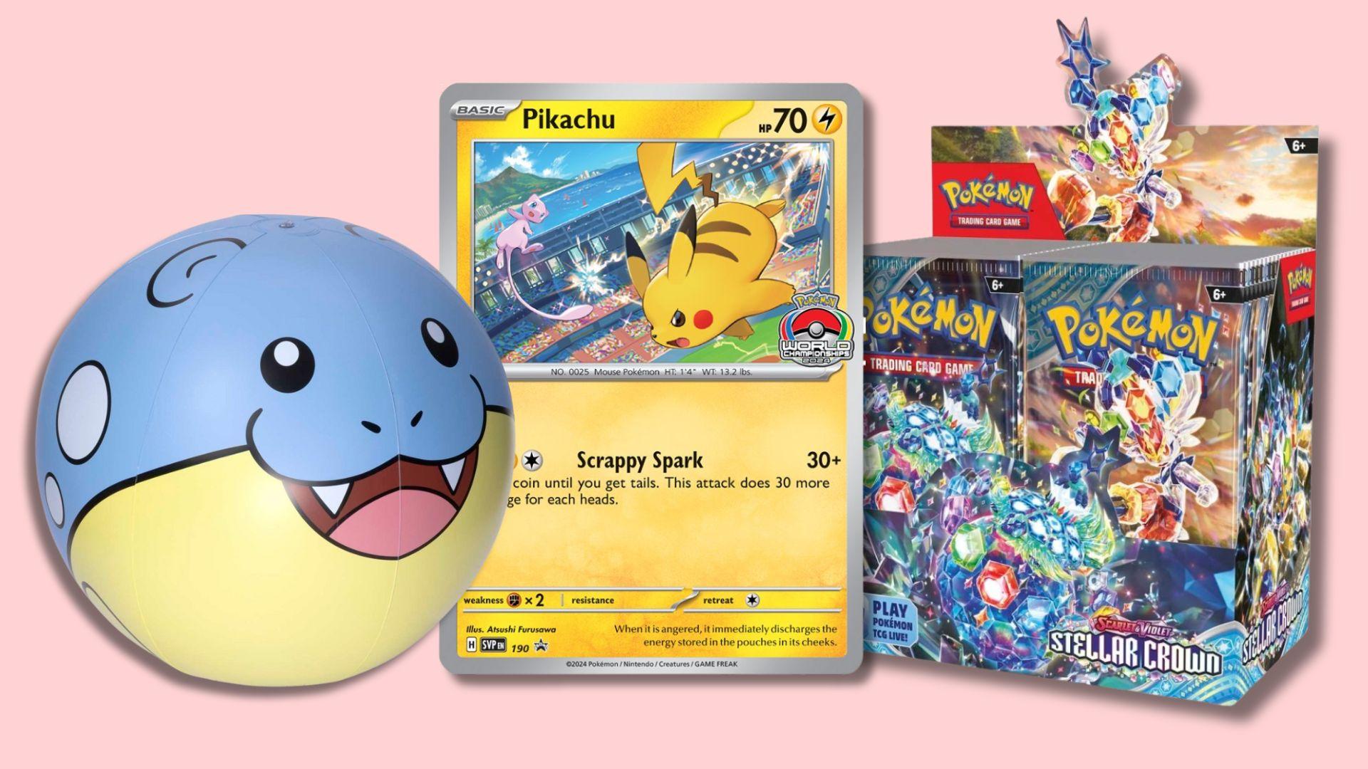 Pokemon Stellar Crown Booster Display, Pikachu promo card, and Spheal Pokemon ball.