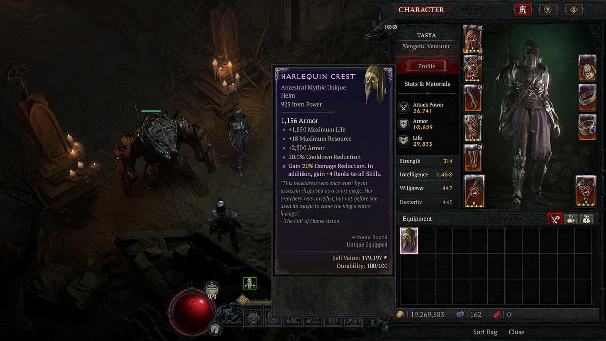 Diablo 4 Harlequin Crest Mythic Unique description