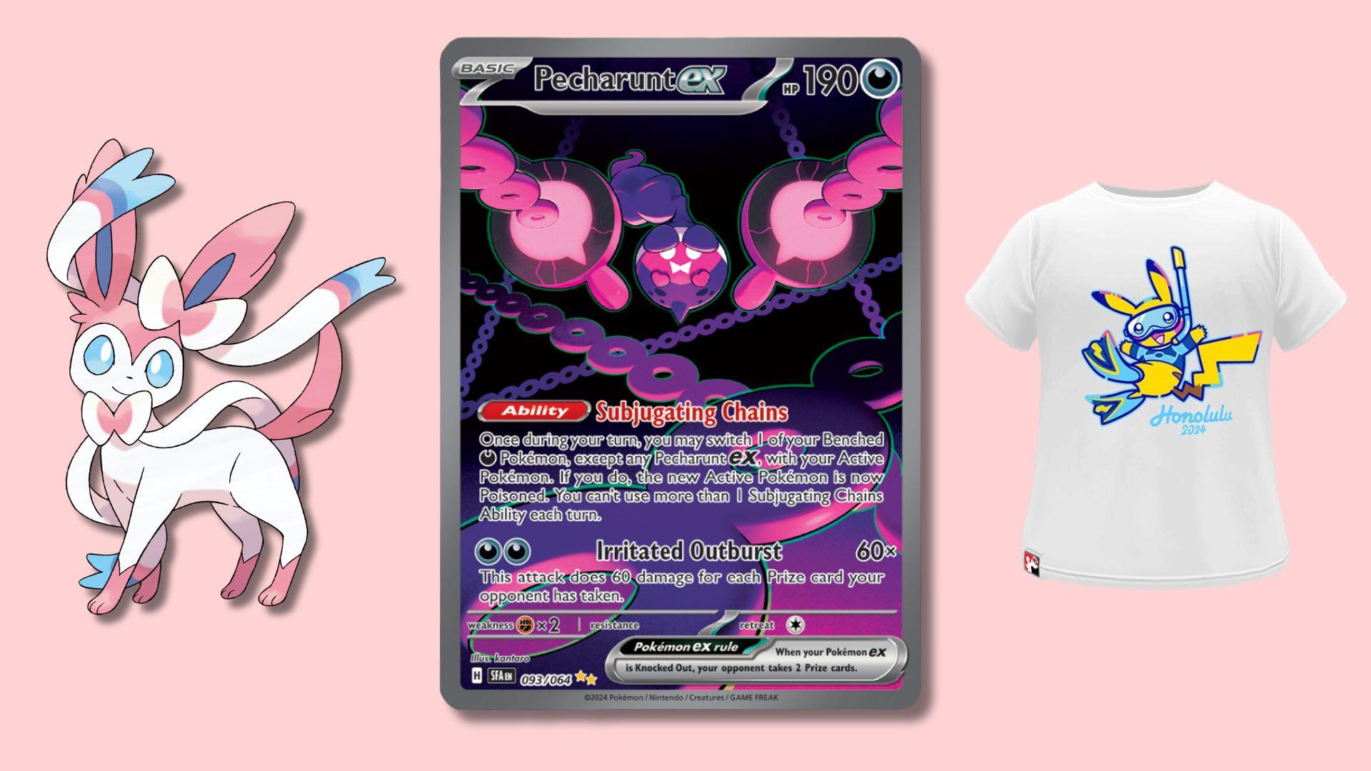 Sylveon, Pecharunt ex y una camiseta de Pokémon Go.