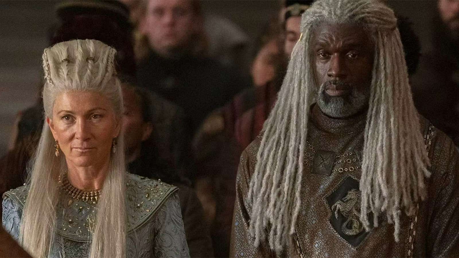 Eve Best as Rhaenys and Steve Toussaint as Corlys in House of the Dragon