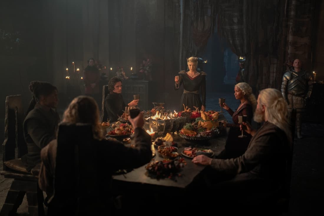 House of the Dragon Season 2 ending explained: Emma D'Arcy as Rhaenyra Targaryen toasting at the dinner table