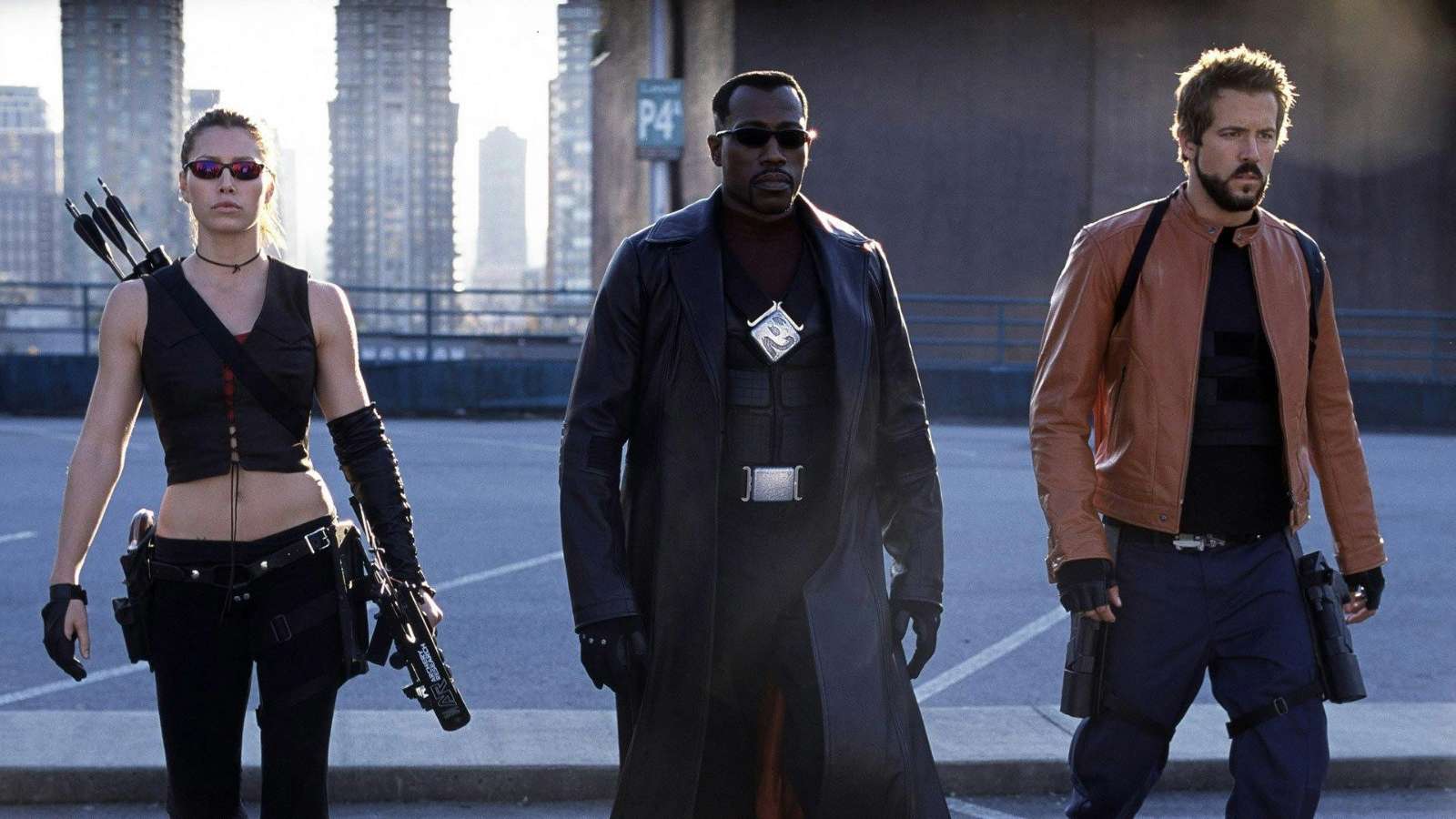 Wesley Snipes as Blade in Blade: Trinity, walking across a rooftop