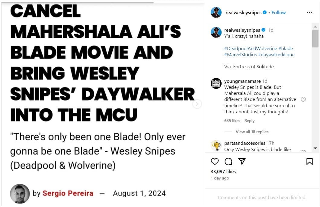 Wesley Snipes Instagram post