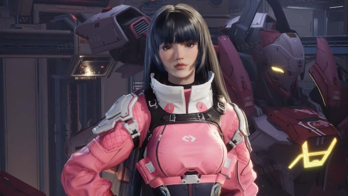 Girl with black hair next to a mech