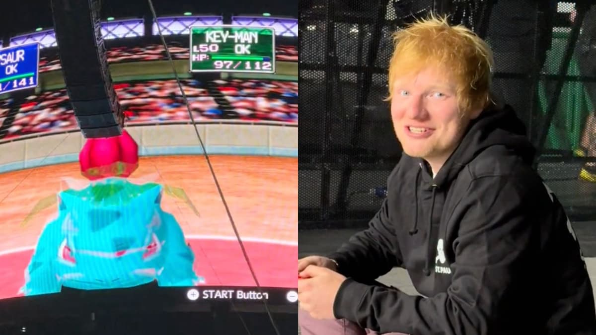 Ed Sheeran playing Pokemon Stadium in a stadium