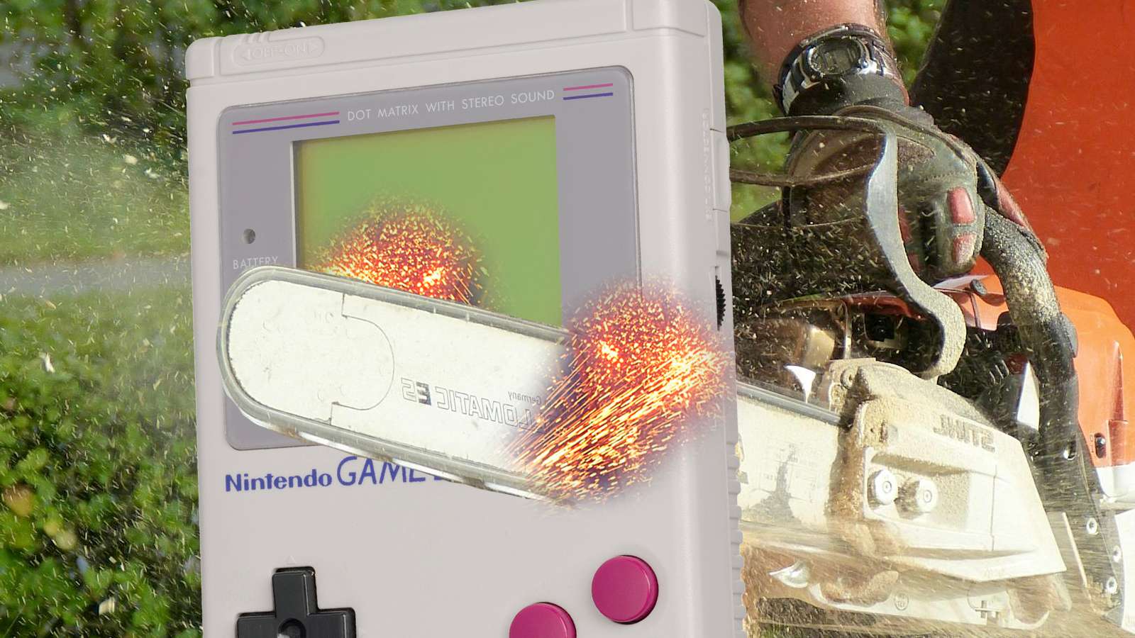 a chainsaw being cut through a gameboy