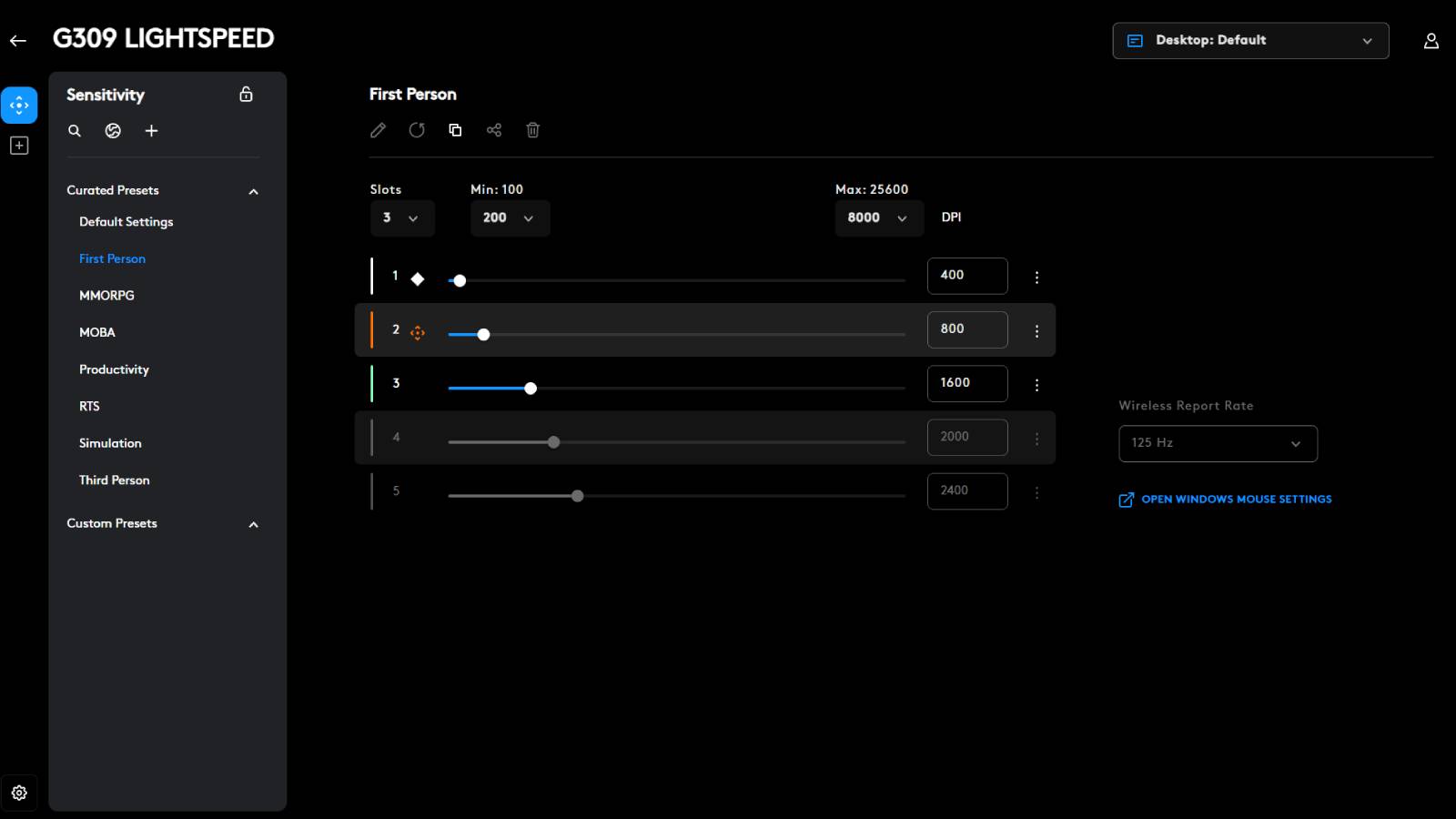 Screenshot of the Logitech G Hub software.