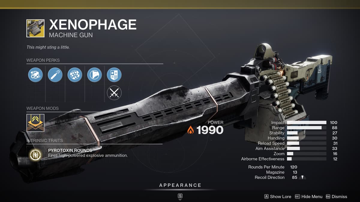 The Xenophage Exotic Machine Gun in Destiny 2.