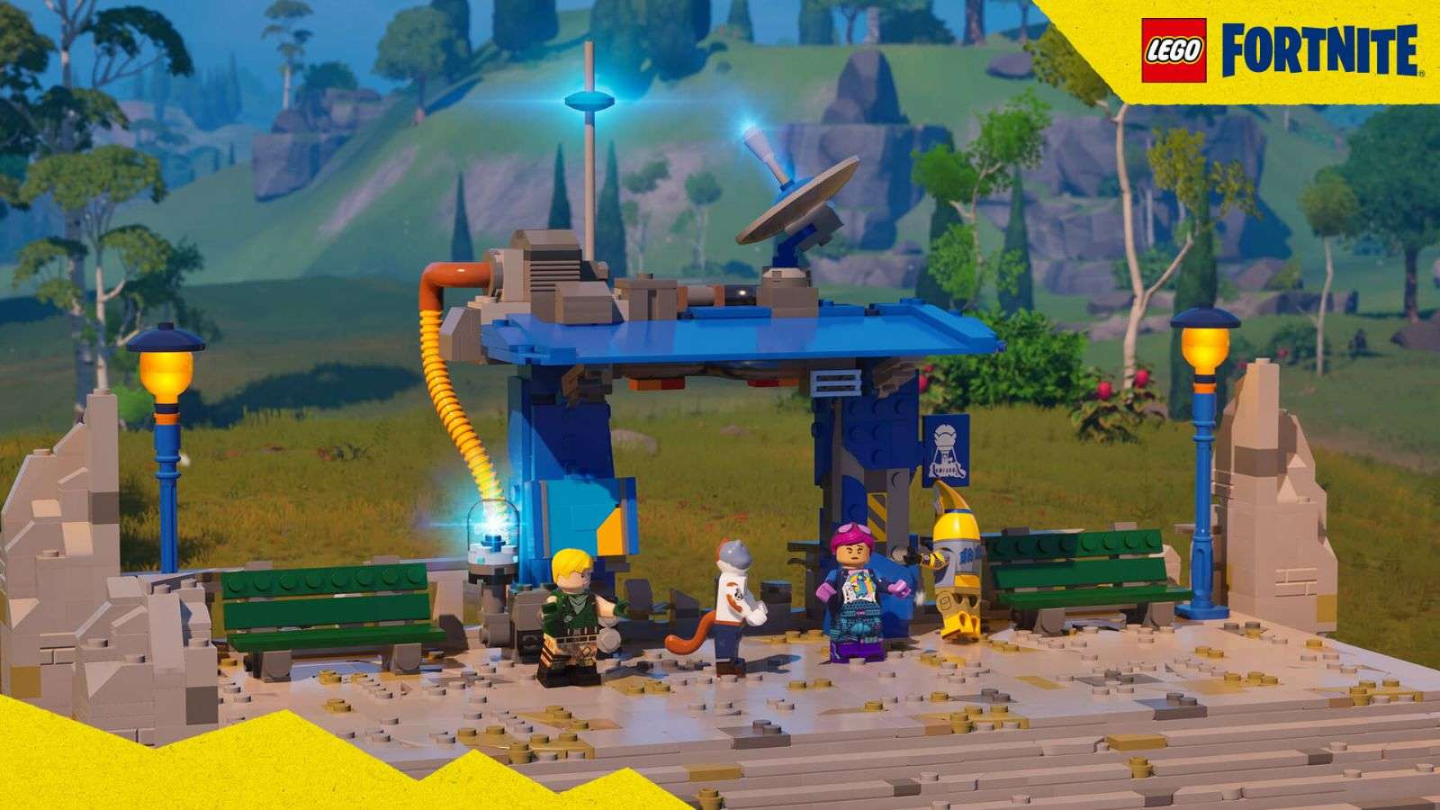 LEGO Fortnite characters gathering around a Bus Station to fast travel