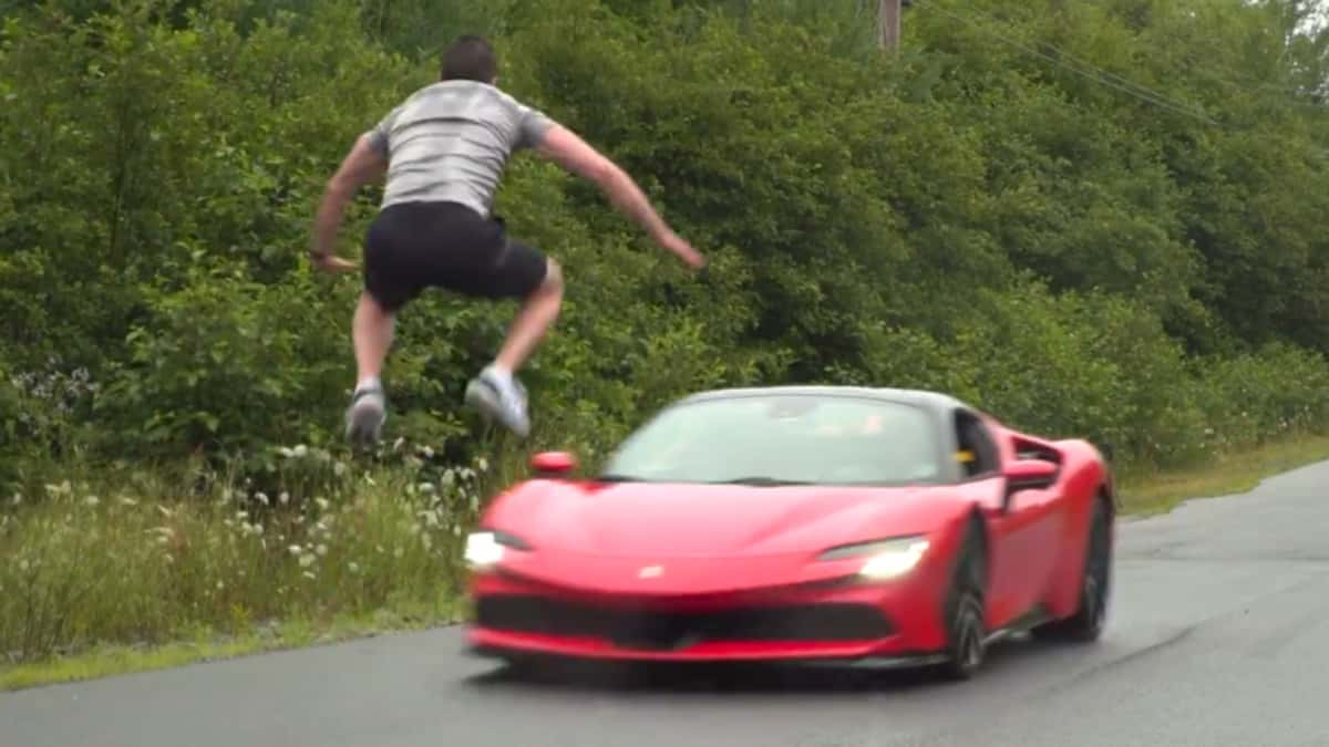 NickEh30 jumping over a Ferrari car