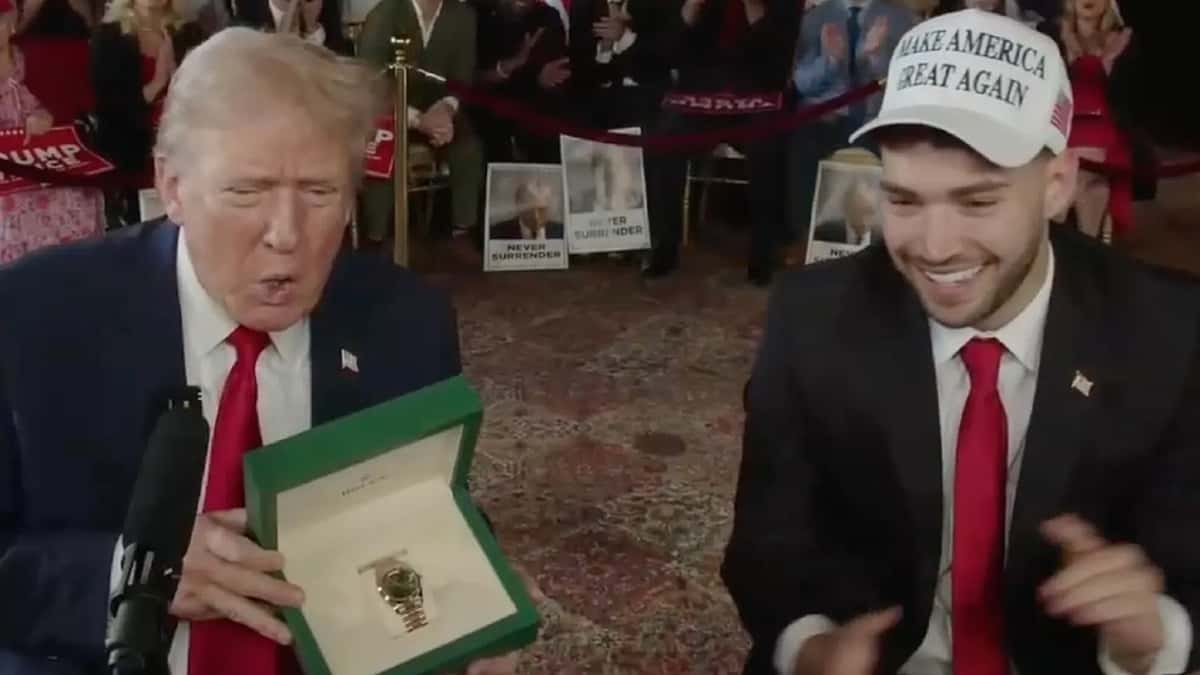 Donald Trump and Adin Ross smiling on Kick stream after Ross gave Trump a Rolex