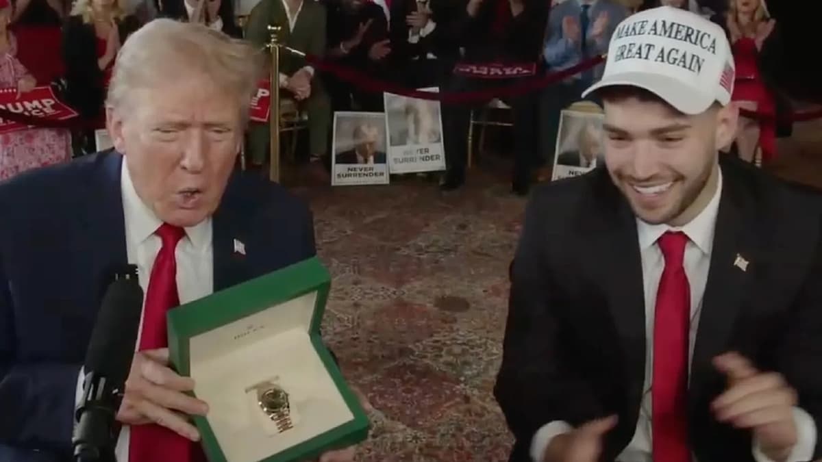 Donald Trump and Adin Ross smiling on Kick stream after Ross gave Trump a Rolex