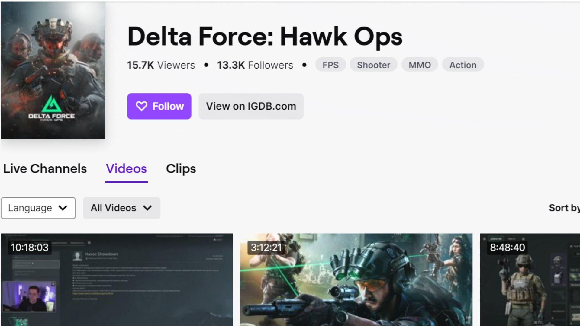 Delta Force: Hawk Ops Twitch page