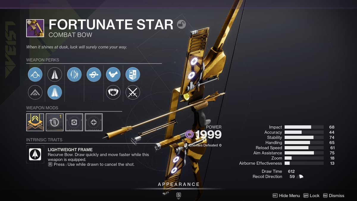 Fortunate Star PvE god roll and stats in Destiny 2