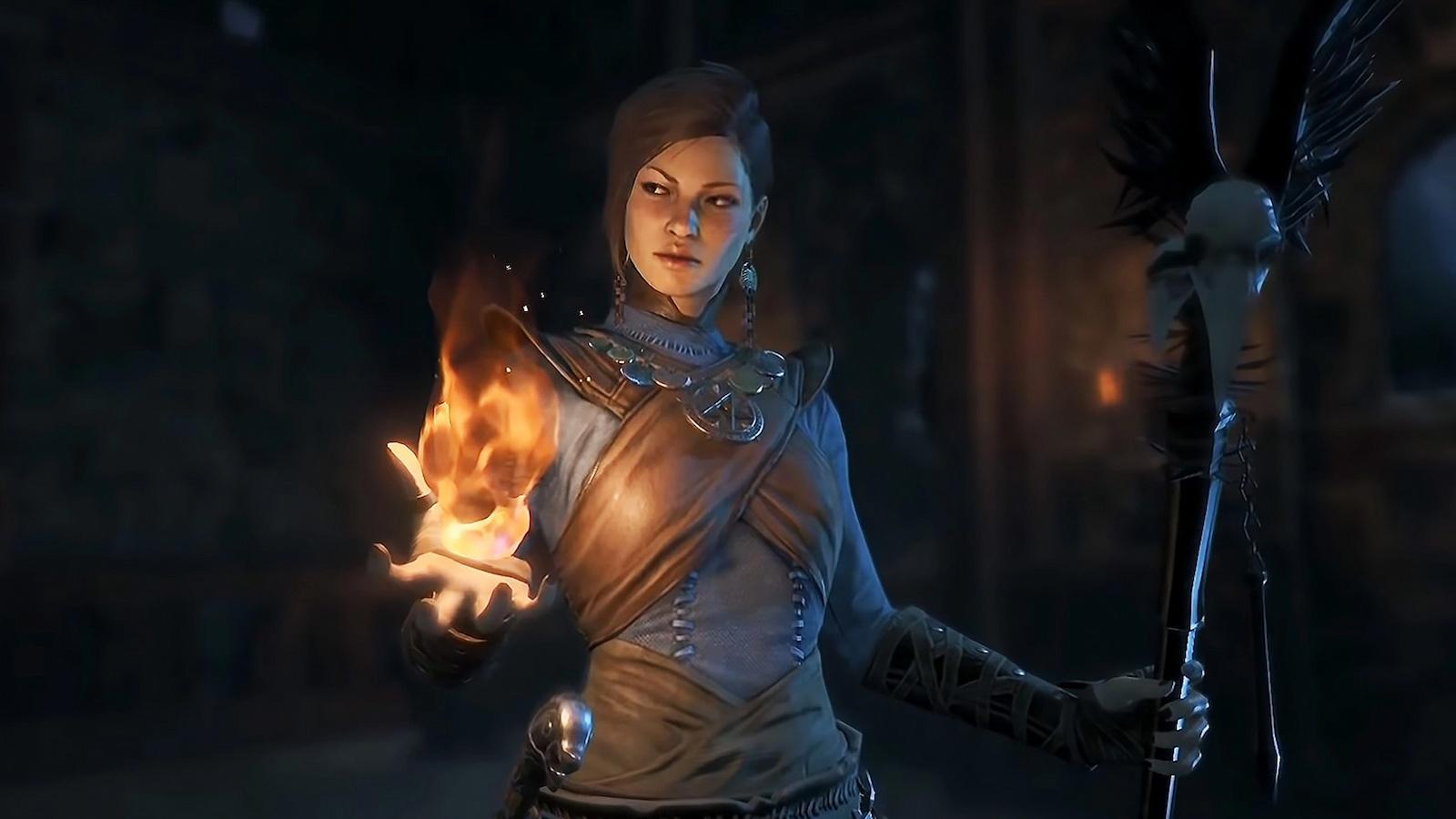 Diablo 4 Sorcerer holding flame in hand