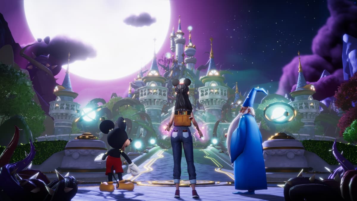 Mickey Mouse, Merlin, and a player looking at a castle overtaken by dark vines