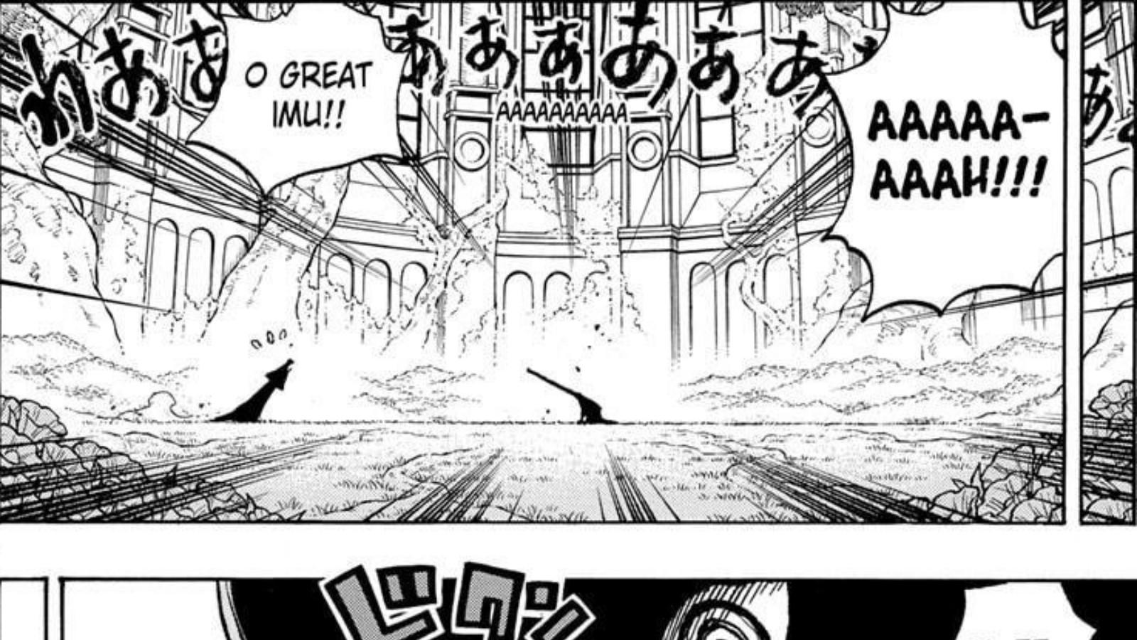 Imu falls down as his servant runs towards him in One Piece