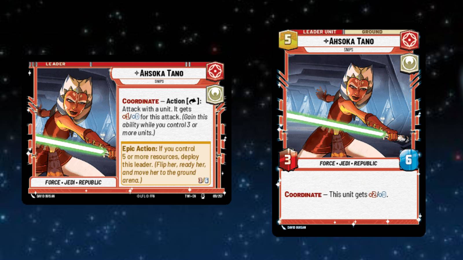 Ahsoka Tano Leader card in Star Wars Unlimited