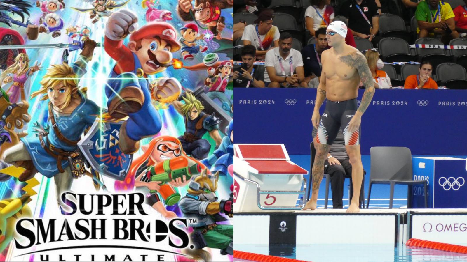 Super Smash Ultimate cover art next to a photo of Caleb Dressel.