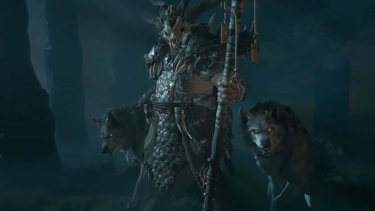 Diablo 4 Druid standing with wolves in dark forest