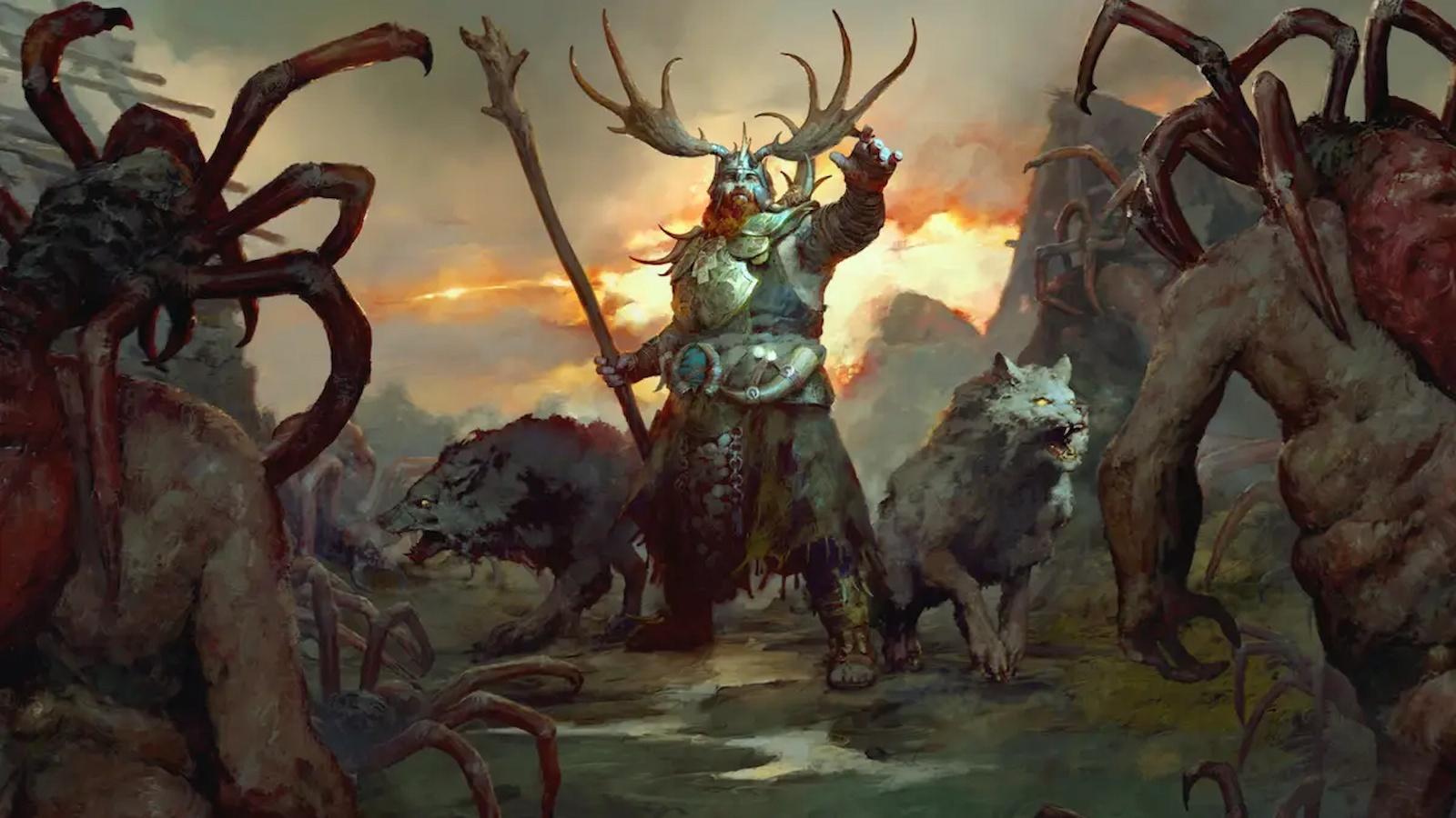 Diablo 4 Druid standing with Wolf Companions