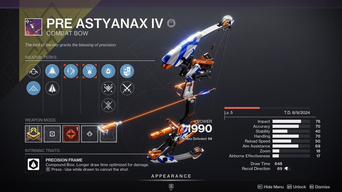 Screenshot of the Pre Astyanax IV combat bow in Destiny 2.